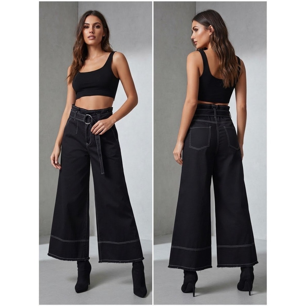 Cinq a Sept Black High Rise Wide Leg Paperbag Crop Pants Belted Size 4